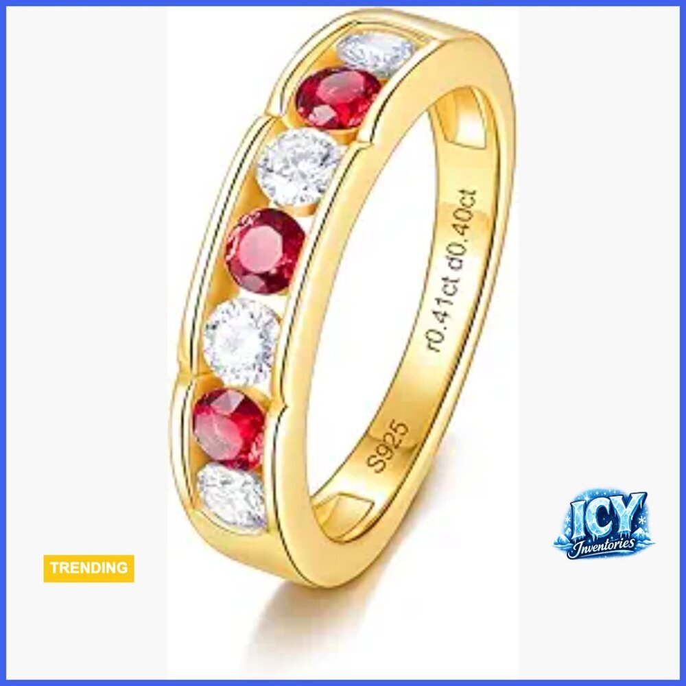 Solid 925 Sterling Silver Moissanite and Ruby Eternity Ring Stackable Wedding